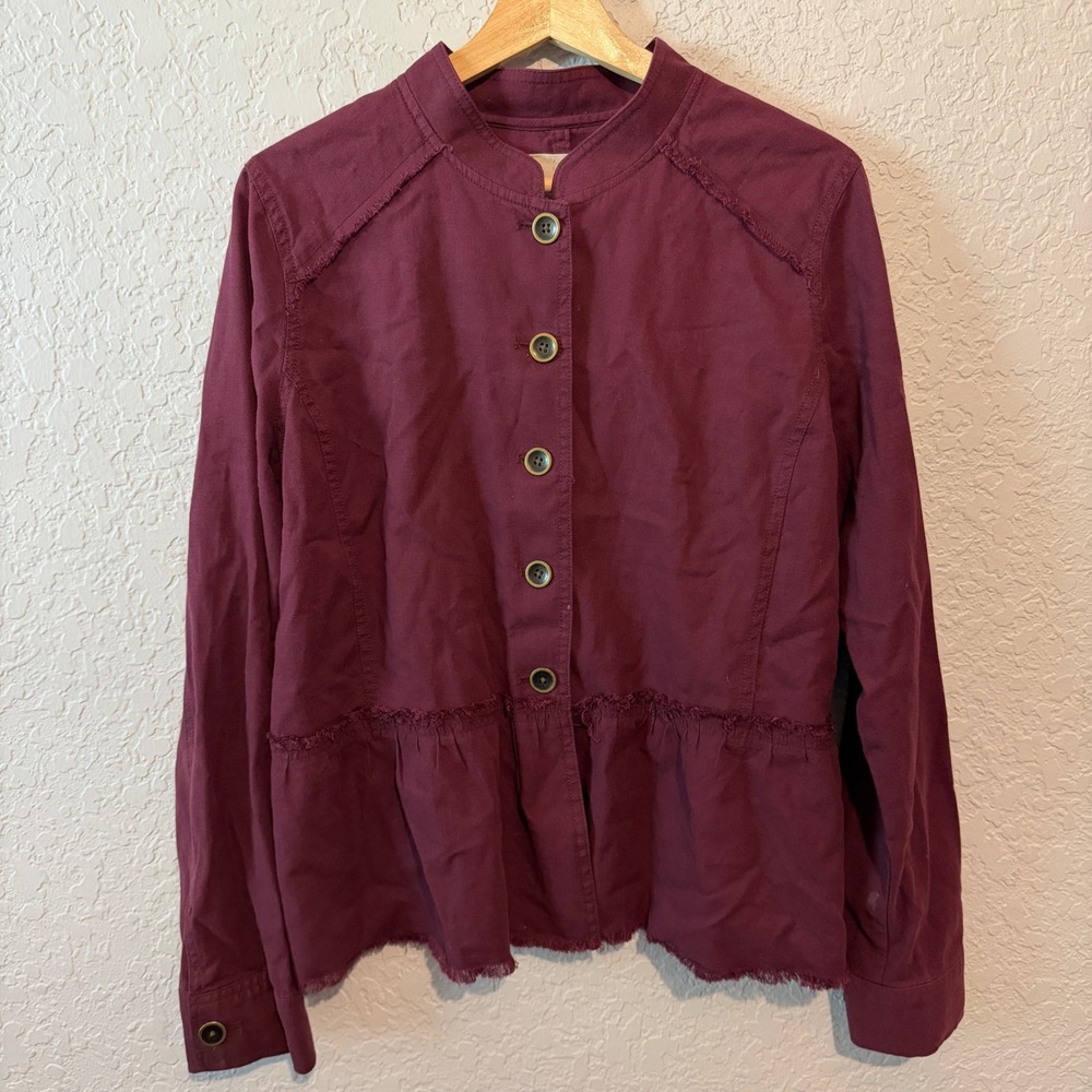 Caslon Peplum Button Front Cotton Jacket Medium Burgundy Boho Raw Hem Fall